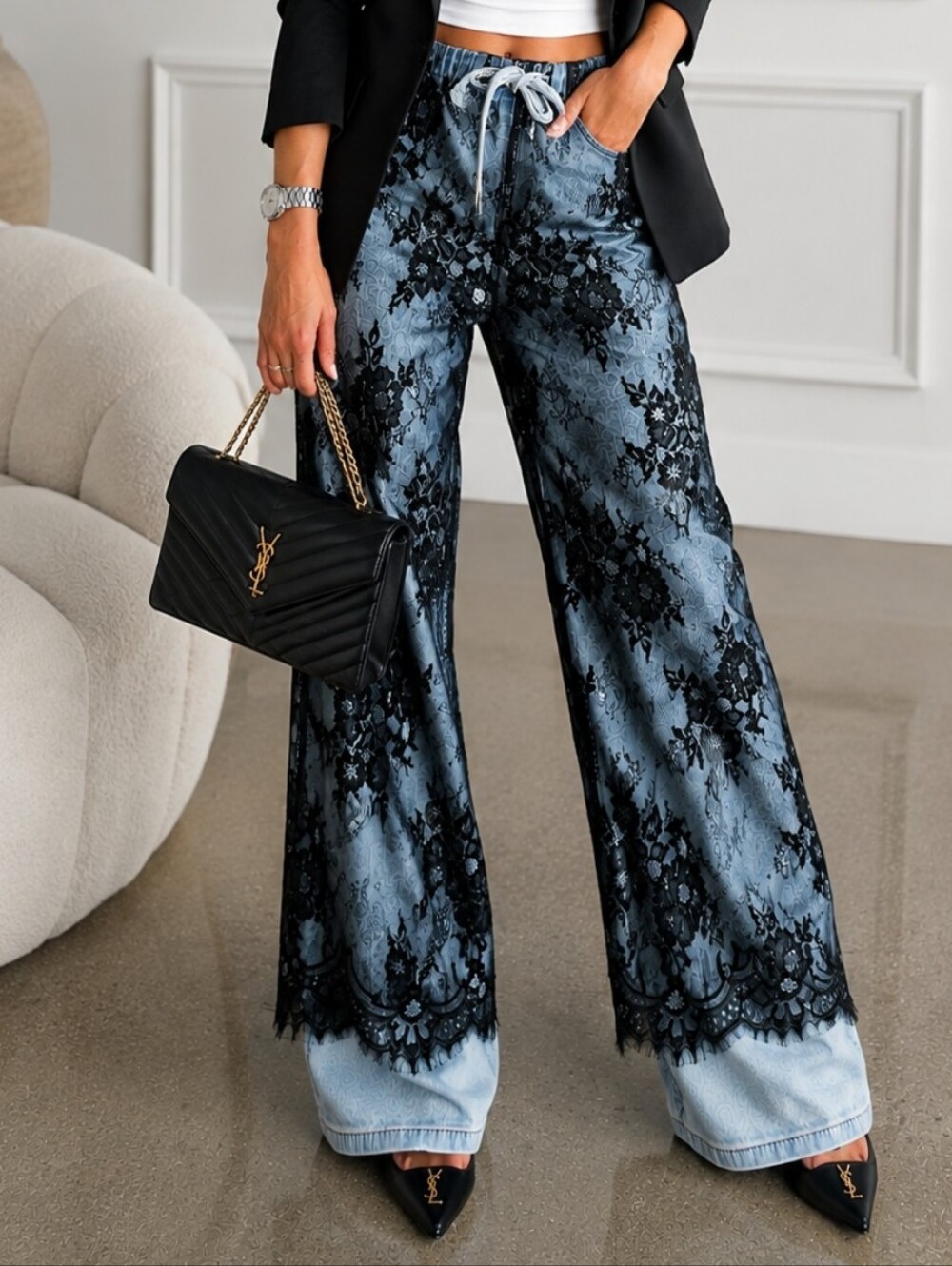 Floral Lace Overlay Wide Leg Denim Pants Sz L. NWOT